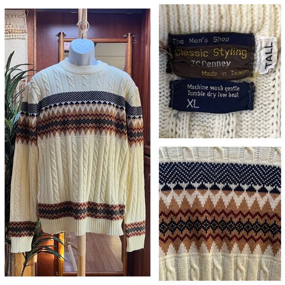 Vintage 90s JCPenney Fair Isle Sweater XL Tall Cream Cable Knit Grandpa Pullover - Picture 7 of 7